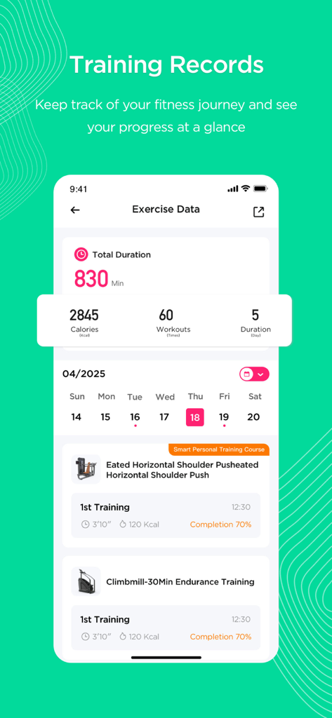 AnyFit - AnyFit App-Oberfläche, die umfassende Trainingsaufzeichnungen anzeigt, einschließlich Trainingsdauer, verbrannter Kalorien und detaillierter Trainingsverlaufsprotokolle.