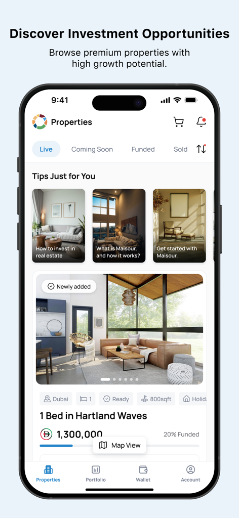 MAISOUR - ميسور - MAISOUR mobile app interface showing fractional real estate investment opportunities in Dubai with property listings and educational tips.