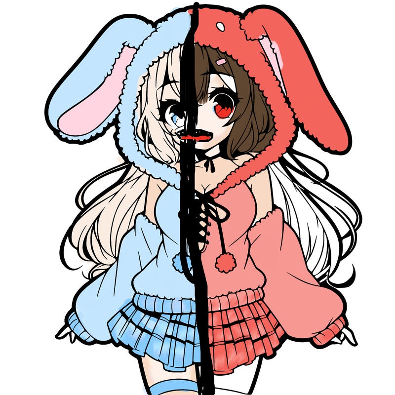 pretty anime girl wearing a fluffy hoodie with bunny ears on the hood and a skirt