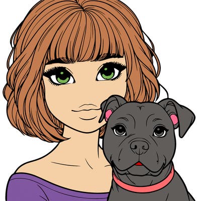 a realistic girl with a pit bull dog and short hair