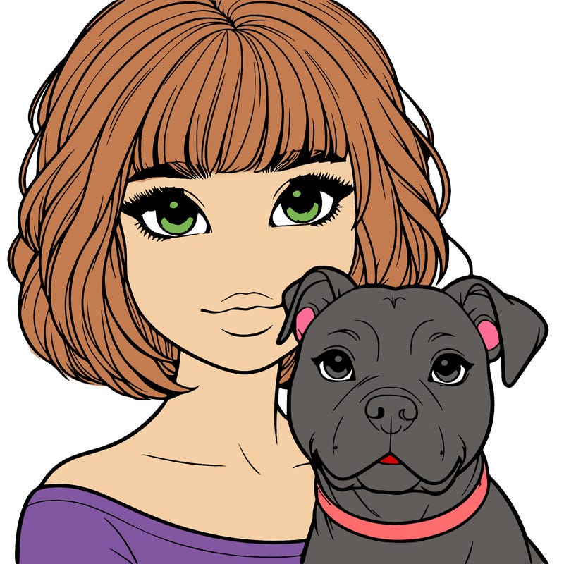 a realistic girl with a pit bull dog and short hair