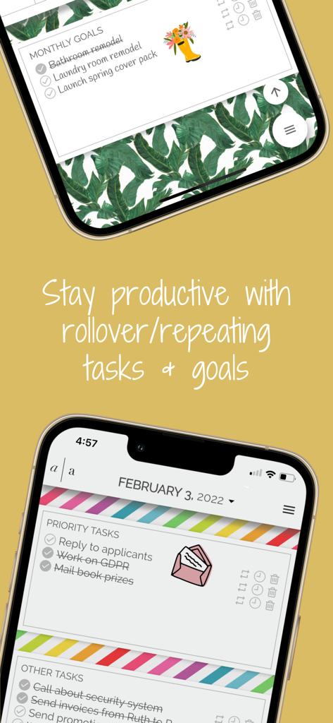 Two mobile phones displaying the Artful Agenda app interface with task lists, monthly goals, and digital stickers.