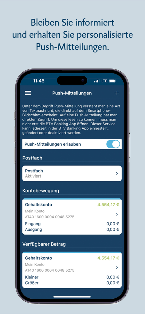 BTV Banking - Pantalla de la aplicación BTV Banking mostrando la configuración de notificaciones push y saldos de cuentas