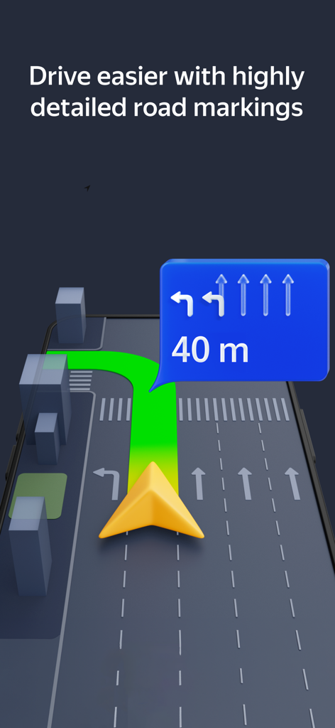 3D-Navigationsschnittstelle, die detaillierte Fahrspuren und Spurführung mit einem blauen Schild für Abbiegungen anzeigt.