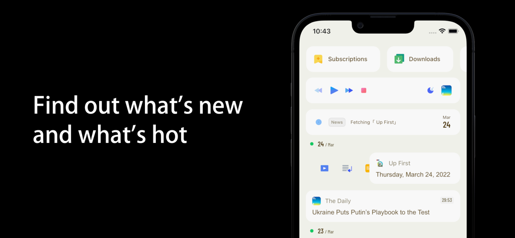 Moon FM - The Podcasts App - Interface minimalista do aplicativo Moon FM mostrando assinaturas de podcast e controles de reprodução em um iPhone