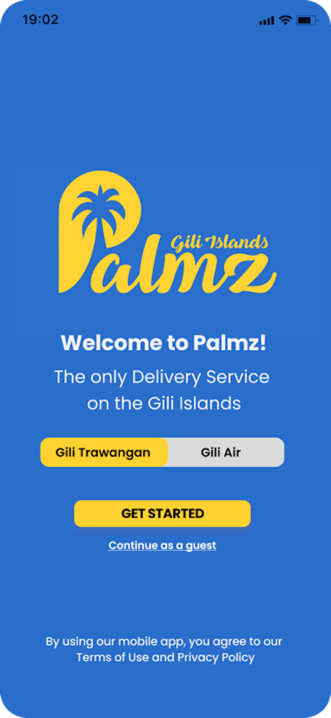 Palmz - Palmz app splash screen showing the welcome message and delivery service options for Gili Trawangan and Gili Air