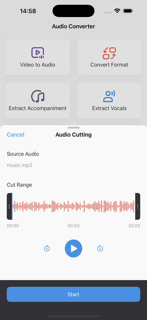 Audio Converter: Audio Editing - Interfaz de usuario de la aplicación Audio Converter con opciones para la extracción de video a audio y una herramienta de recorte con una forma de onda de audio
