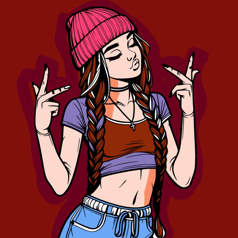 realistic teenage girl with braids and a beanie and crop top doing 🫶🏼