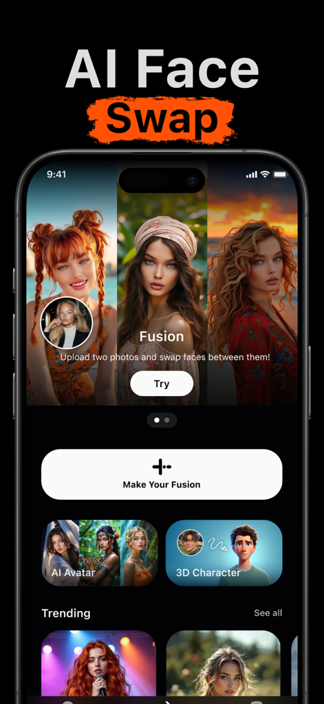 AI Face Swap - iPhoneに表示されたAIフェイススワップモバイルアプリのインターフェース。FusionフェイススワップツールとAIキャラクターテンプレートが表示されている。