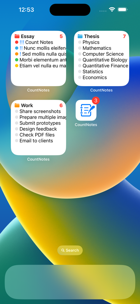 Word Count Notes, Word Counter - Word Count Notes widgets on an iPhone home screen showing Essay, Thesis, and Work folders.