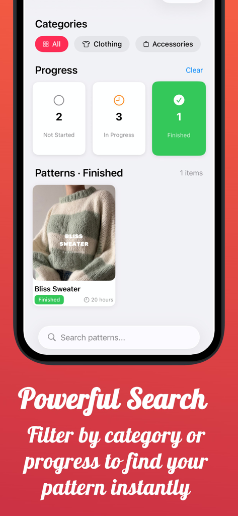Crochet & Knit Pattern Library - 코바늘 및 뜨개질 패턴 라이브러리 앱 인터페이스에 프로젝트 진행 상황 추적 및 검색 필터가 표시됩니다.