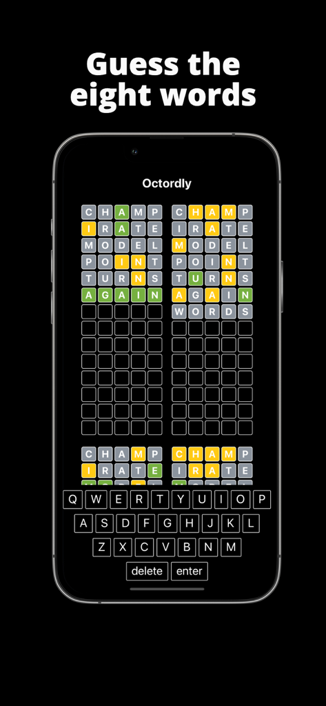 Octordly: Daily Word Puzzle - Octordly mobile app gameplay showing eight simultaneous word puzzle grids and a keyboard