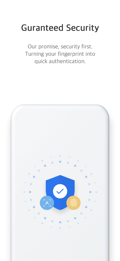Screen from Global Woori WON Banking app showcasing guaranteed security through fingerprint and face recognition authentication.