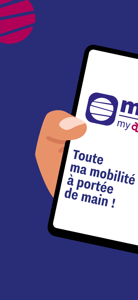 My Astuce - A hand holding a smartphone displaying the My Astuce transit app screen with a mobility slogan in French.