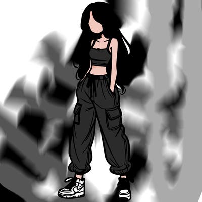 girl in baggy pants crop top and long hair