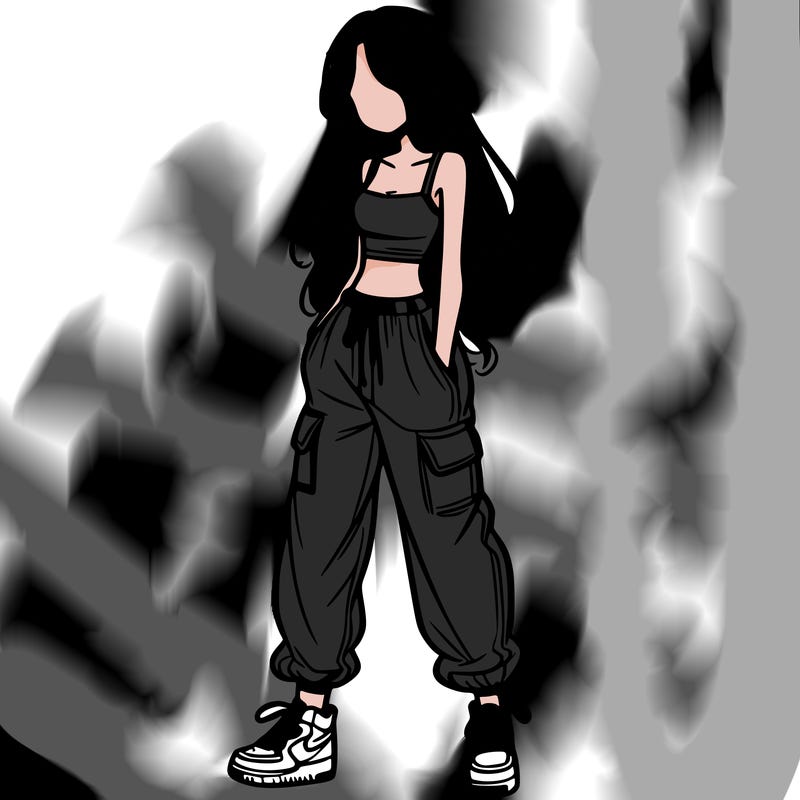 girl in baggy pants crop top and long hair