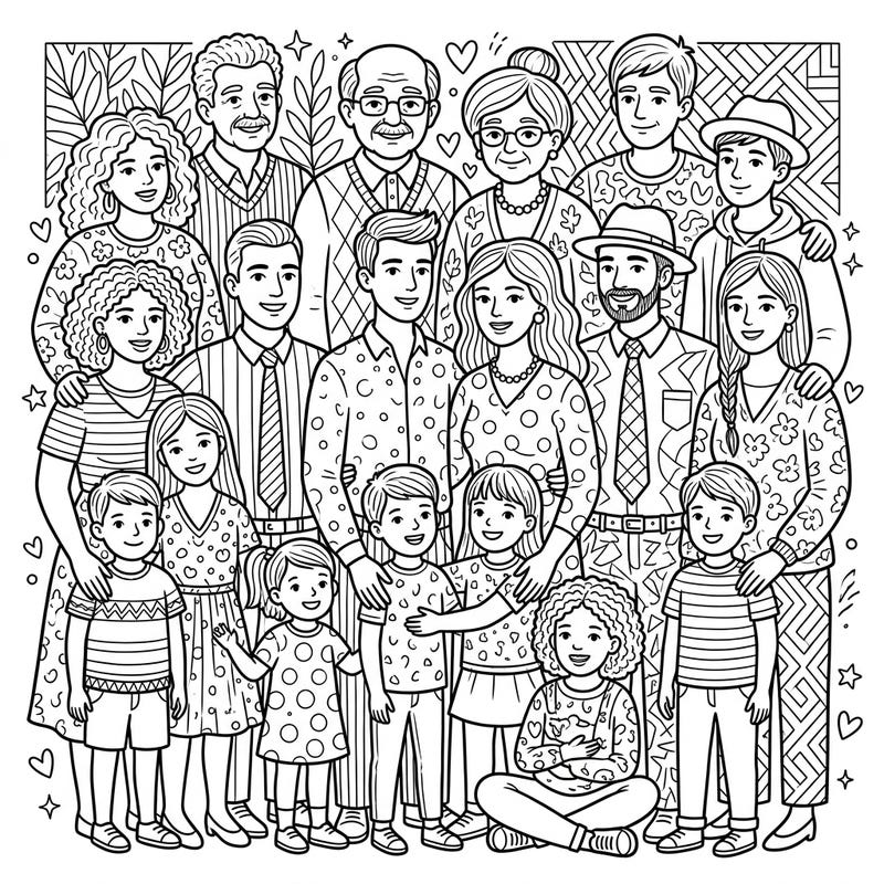 Gather your loved ones and celebrate cherished connections with this heartwarming Extended Family Portrait coloring page. This intricate design brings together multiple generations, offering a delightful and engaging artistic experience for everyone.