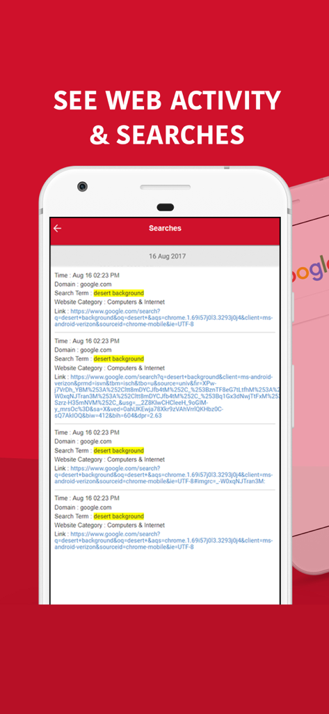 WebWatcher dashboard displaying monitored web activity and Google search history including dates and search terms