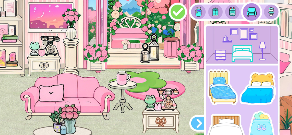 Princess Avatar Maker World - Decoración interior de una habitación de casa de muñecas de color rosa con un menú de selección de muebles en Princess Avatar Maker World