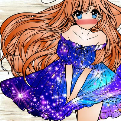 manga girl with long flowing hair and a dress that is pushed down