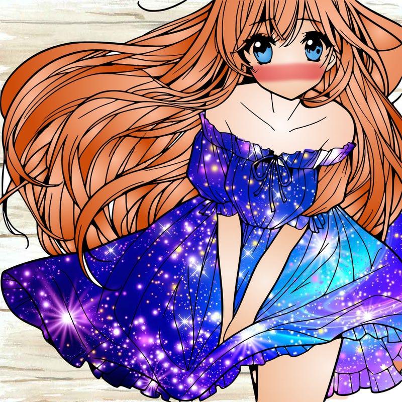 manga girl with long flowing hair and a dress that is pushed down
