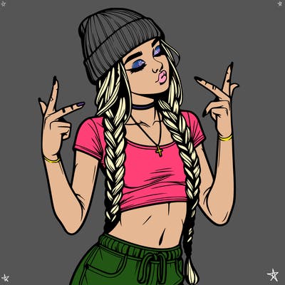 realistic teenage girl with braids and a beanie and crop top doing 🫶🏼