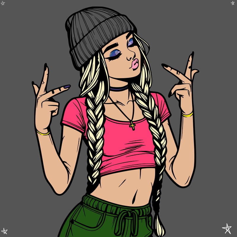 realistic teenage girl with braids and a beanie and crop top doing 🫶🏼