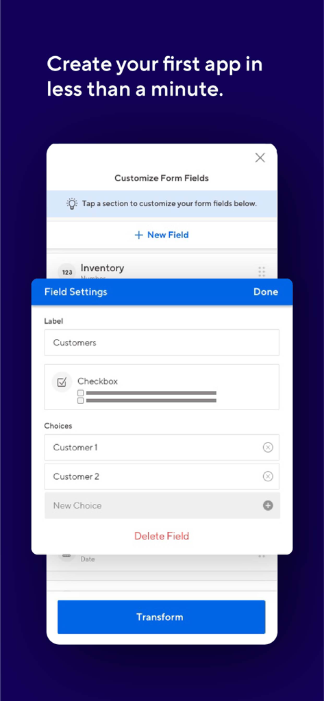 Interface de l'application mobile TrackVia affichant la personnalisation des champs de formulaire numériques et des paramètres de flux de travail