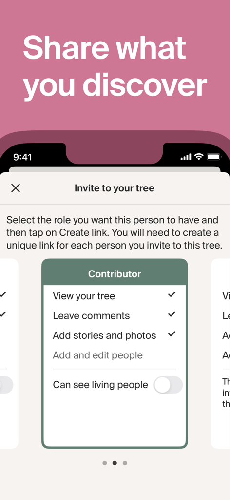 Ancestry: Family History & DNA - Ancestry app screen for inviting a contributor to a family tree and selecting their permissions