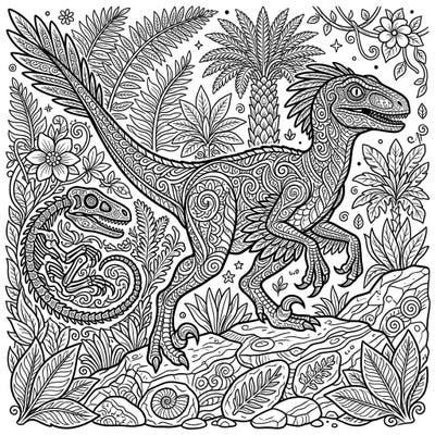Unleash your creativity with this stunning adult coloring page featuring a fierce Velociraptor amidst dense prehistoric foliage and a fossilized dinosaur. Immerse yourself in intricate patterns and bring this ancient world to vibrant life.