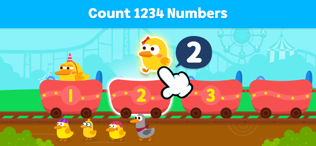 Un colorido juego de conteo para niños que presenta un tren de juguete numerado y patos amarillos en el entorno de un parque de atracciones.