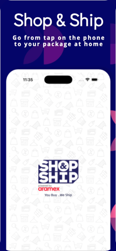 Tela de introdução do aplicativo móvel Shop and Ship da Aramex para entrega de pacotes globais