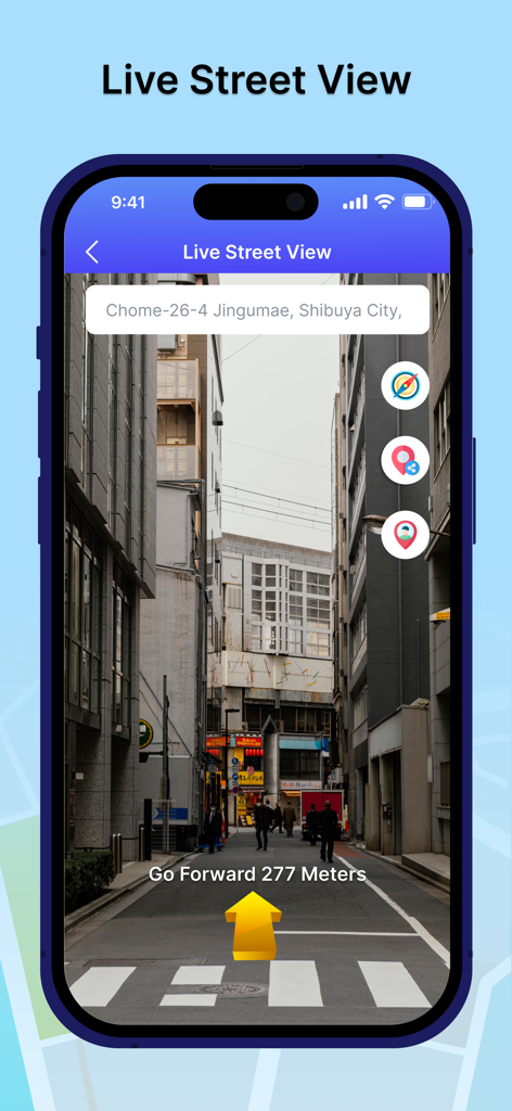 Live Street View - Maps - Interfaz de la aplicación Vista de Calle en Vivo que muestra una vista a nivel de calle de una ciudad con flechas de navegación y una barra de búsqueda