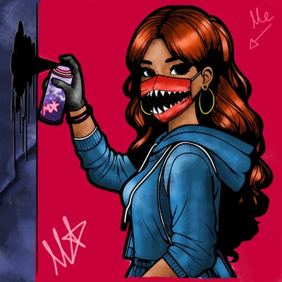 realistic girl with mask spray painting a wall