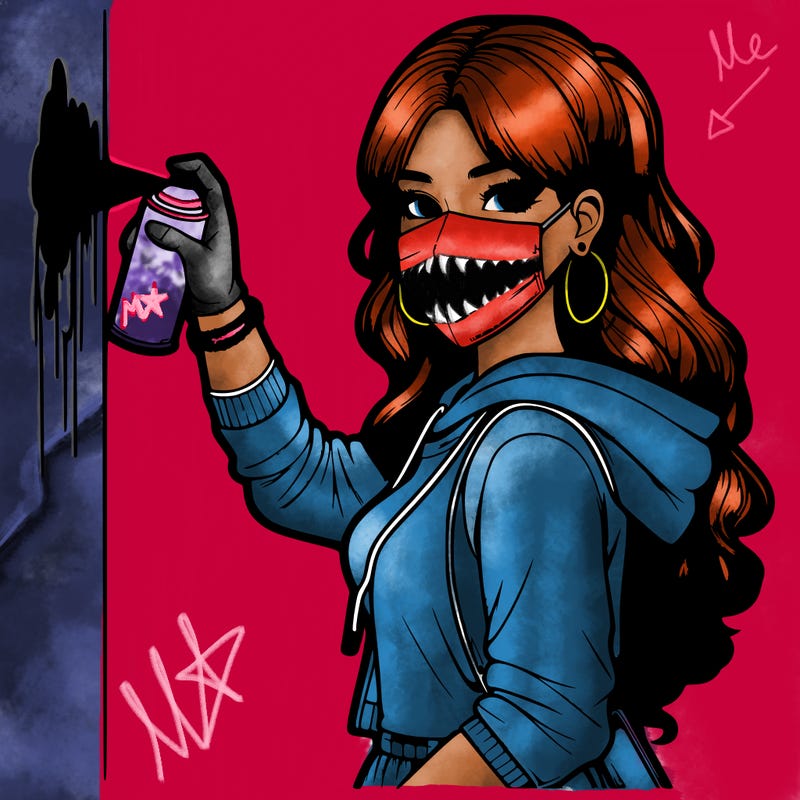 realistic girl with mask spray painting a wall