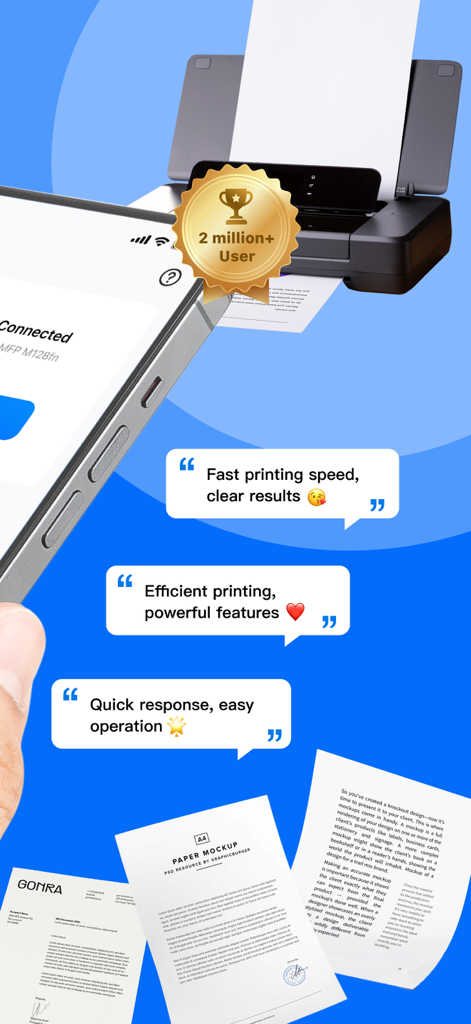 Printer App: All-in-One - Printer App interface showing mobile printing features and user testimonials