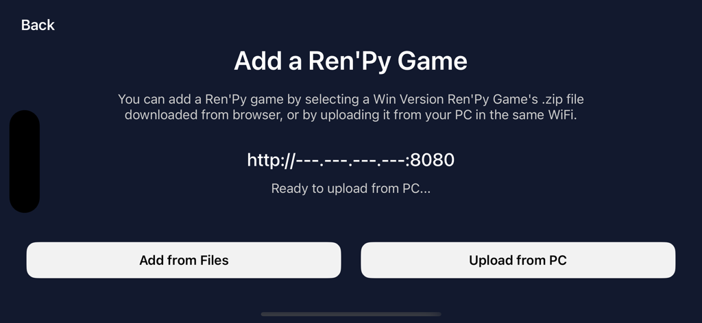 Renpy 7 Pocket - Pantalla Agregar un juego de Ren'Py que muestra opciones de importar desde archivos y cargar desde PC.