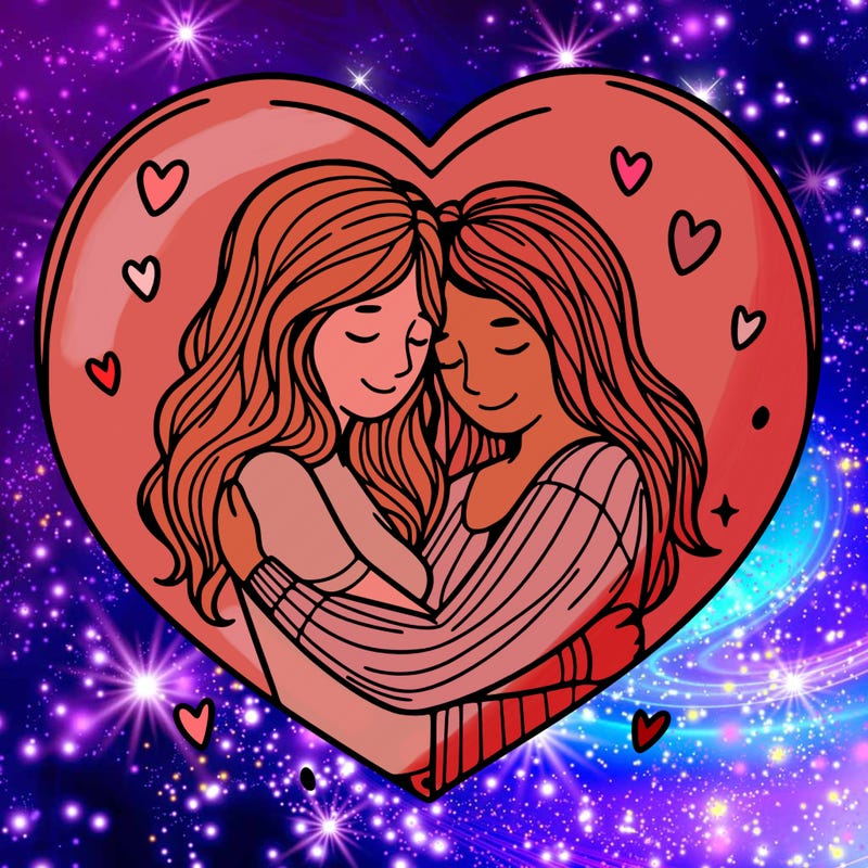 two women hugging with hear around them realistic