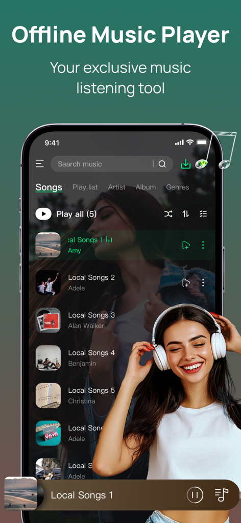 Offline Music Player app interface displaying a song list with a person listening to music with headphones