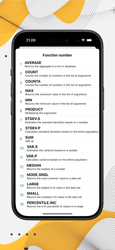 Excel Formulas Complete - Una pantalla móvil que muestra una lista de funciones numéricas de Excel que incluyen promedio, contar y sumar con sus descripciones.