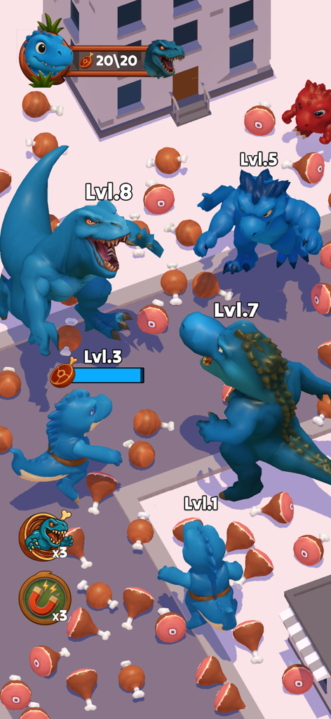 Dino World: Dinosaur Survival - 様々なレベルの青い恐竜が、肉のtreatsに囲まれた街の環境に立っている