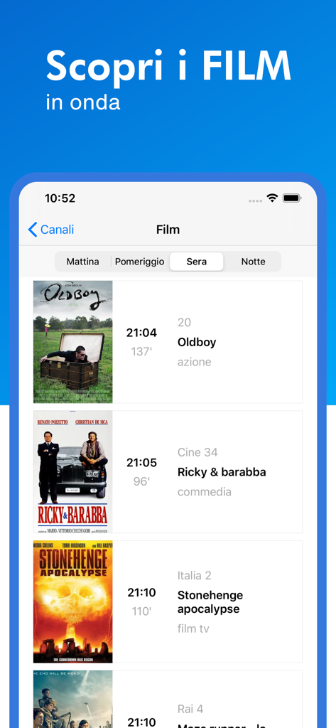 Mobile app screen showing movie listings on Italian TV channels for the evening