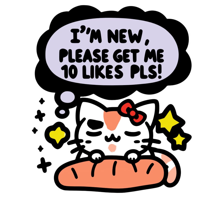 kitty taking a nap dream talking and saying "i'm new, please get me at least 10 likes pls!!"