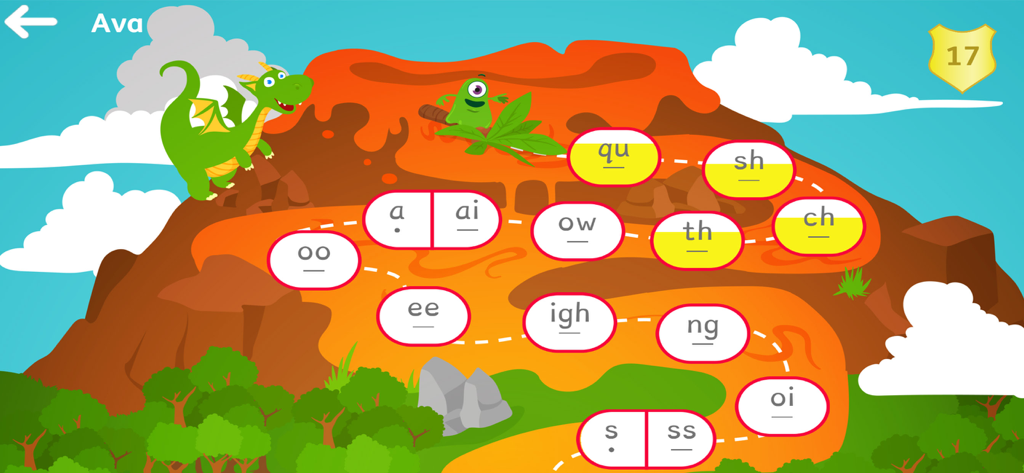 Read with Phonics Games - A phonics learning map featuring a volcano landscape with a green dragon and letter sound bubbles