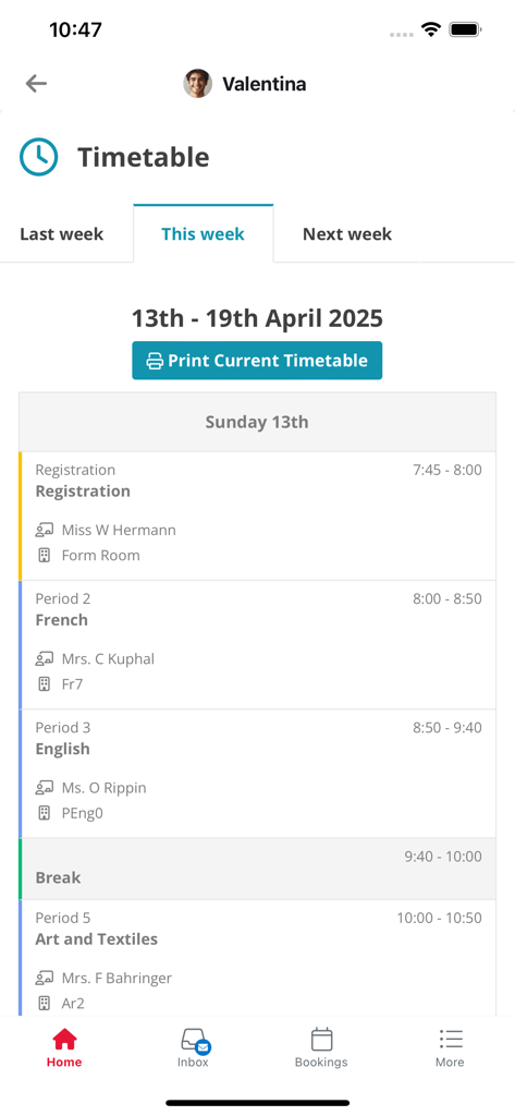 Access My School Portal - Weekly student school schedule showing subjects teachers and classroom locations