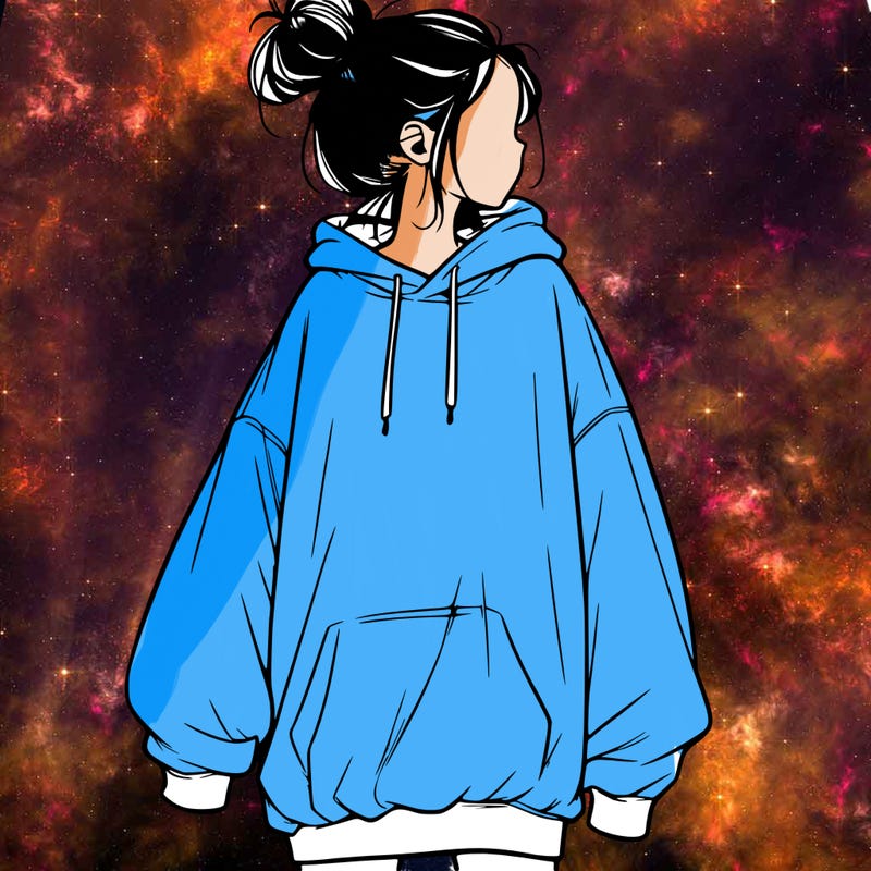 realistic girl with a oversized sweatshirt on and a bun
