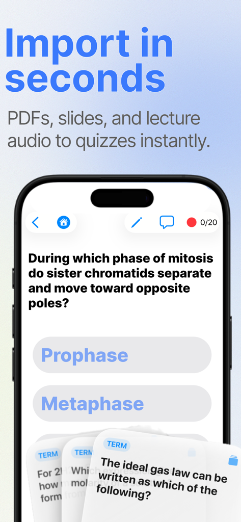 ExamCram - Study AI Quizzes - Tela do iPhone mostrando um quiz de biologia gerado por IA com um título de importação em segundos