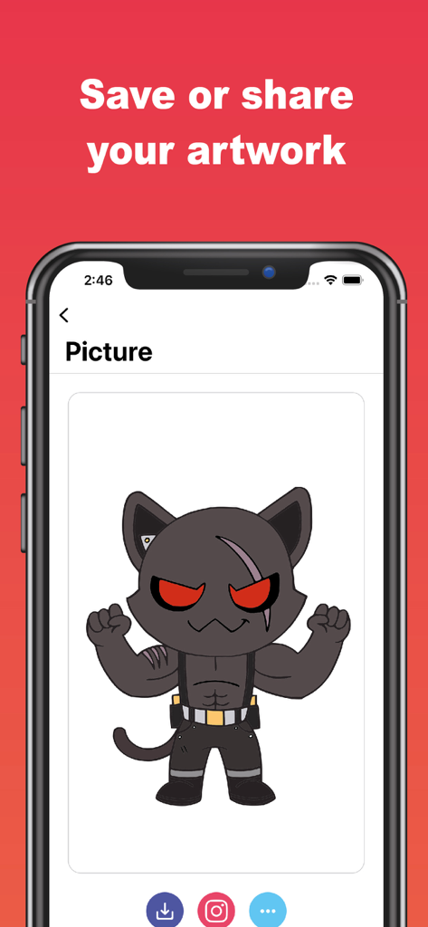 Colortnite: Nite Coloring Game - Uma tela de telefone exibindo um personagem de gato musculoso colorido de um jogo de battle royale com opções para salvar e compartilhar a arte