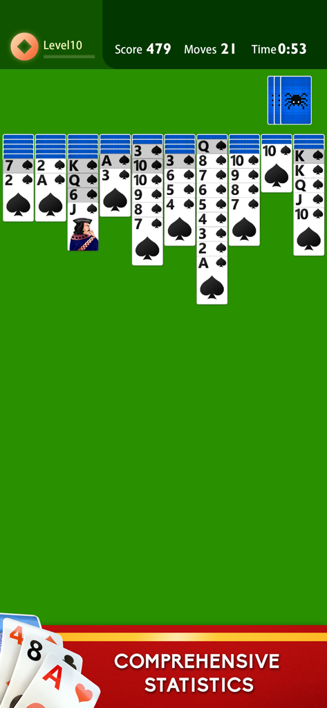 Spider Solitaire - Plus - A screenshot of Spider Solitaire Plus gameplay featuring a classic green background with card piles and a banner highlighting comprehensive statistics