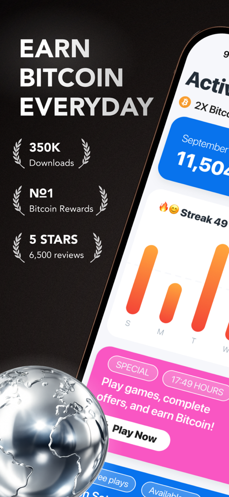 Interface of the sMiles app showing fitness activity tracking and daily bitcoin reward features